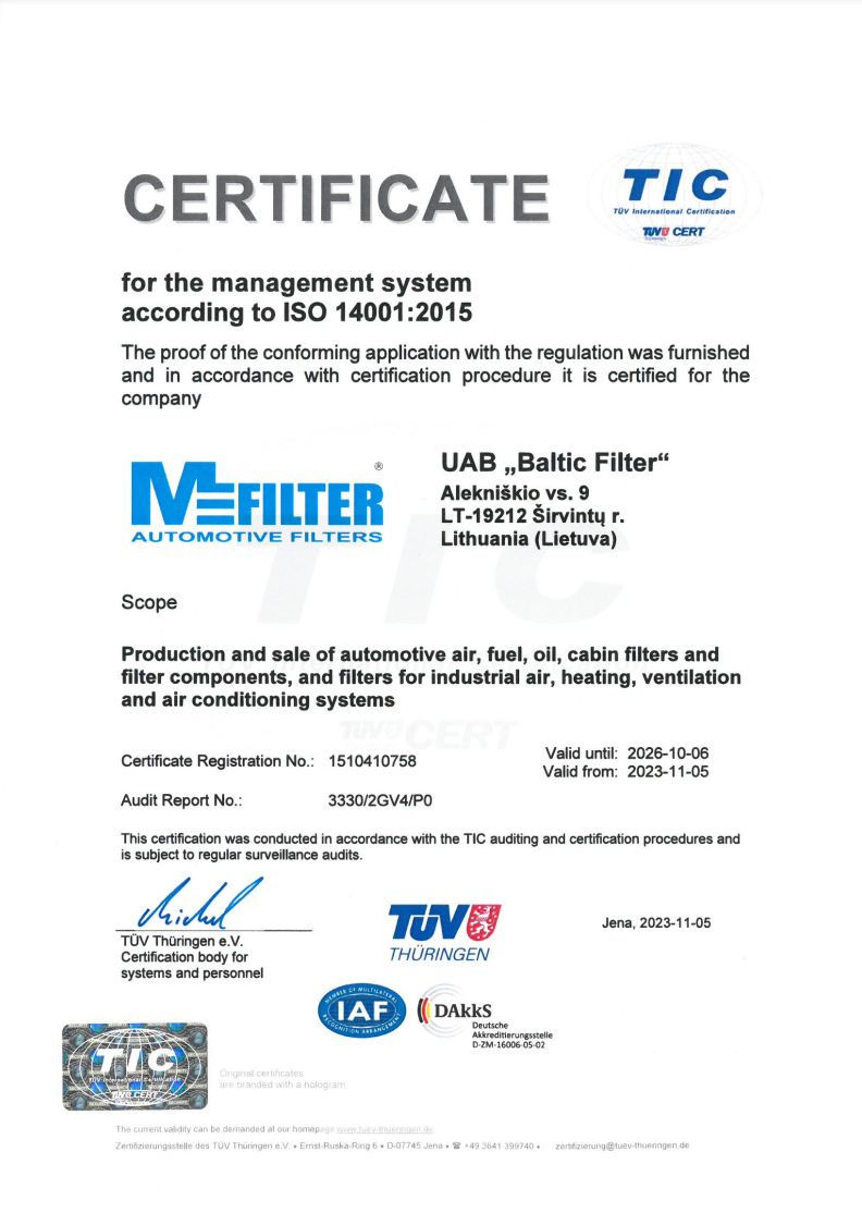 Certificates and partners MFilter automotive and industrial filters